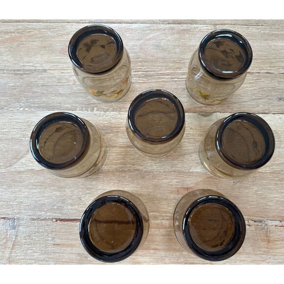 Vintage Set of 7 Amber Juice Glasses Painted Floral Blossoms MCM Mid Century - Picture 2 of 6